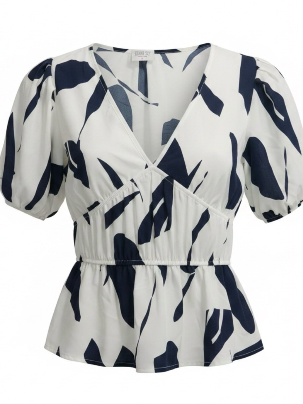 Sienna Sky White Peplum Top with Navy Leaf Print